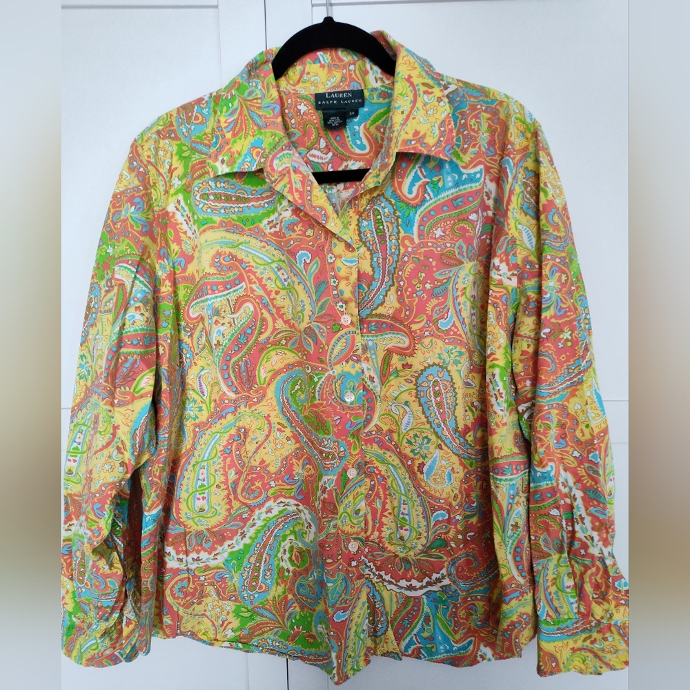 Lauren Ralph Lauren Orange Green Blue Paisley Long Sleeve Shirt Womens Size 3X